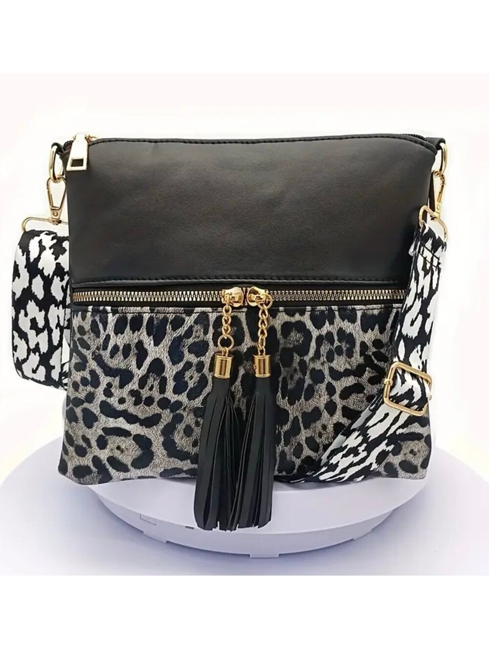 New - Chic - Leopard Print Tassel Crossbody /Shoulder Bag - Gray /Black